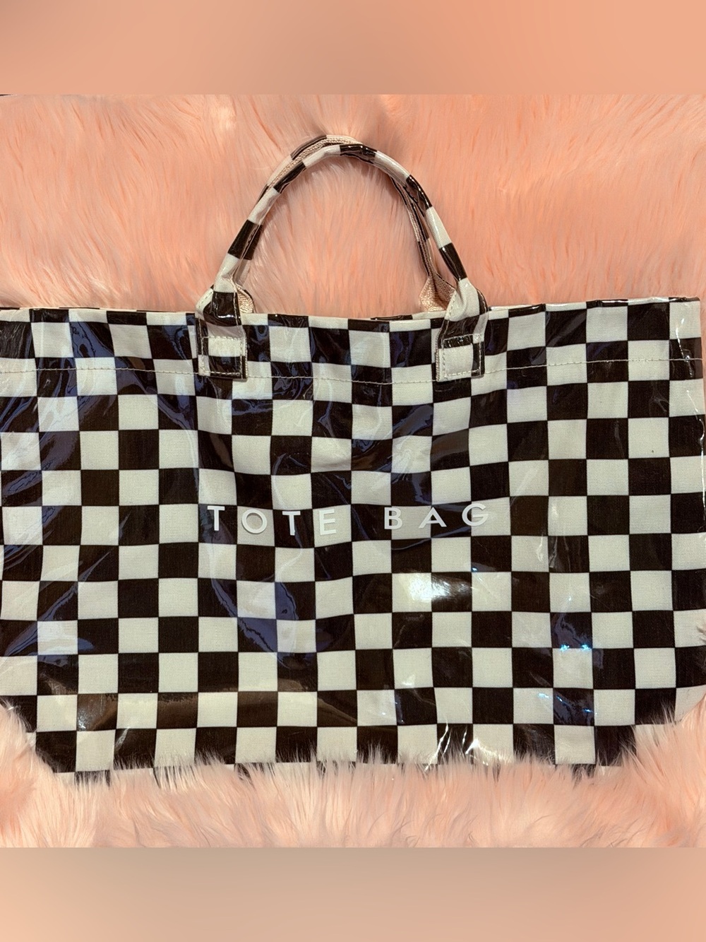 Checkerboard Black and White Tote Bag with Top Handles
